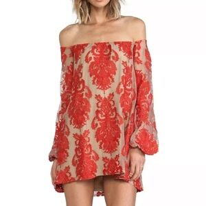 For Love & Lemons Precioso Red Lace Off The Shoulder Long Sleeve Mini Dress XS